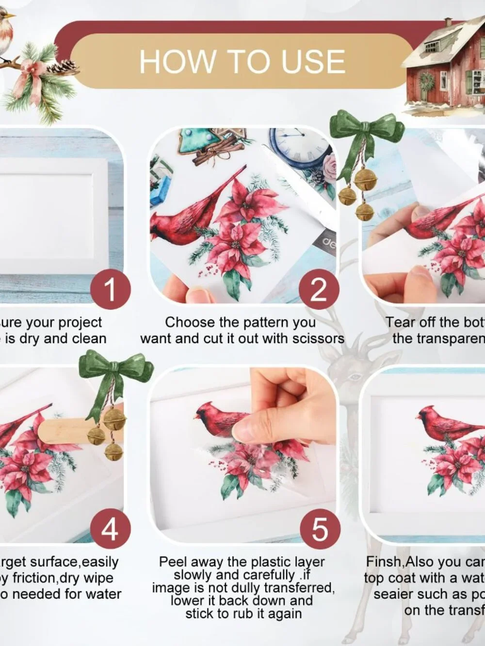 BBTO 12 Sheets Christmas Rub on Transfers for Crafts and Furniture Christmas Rub